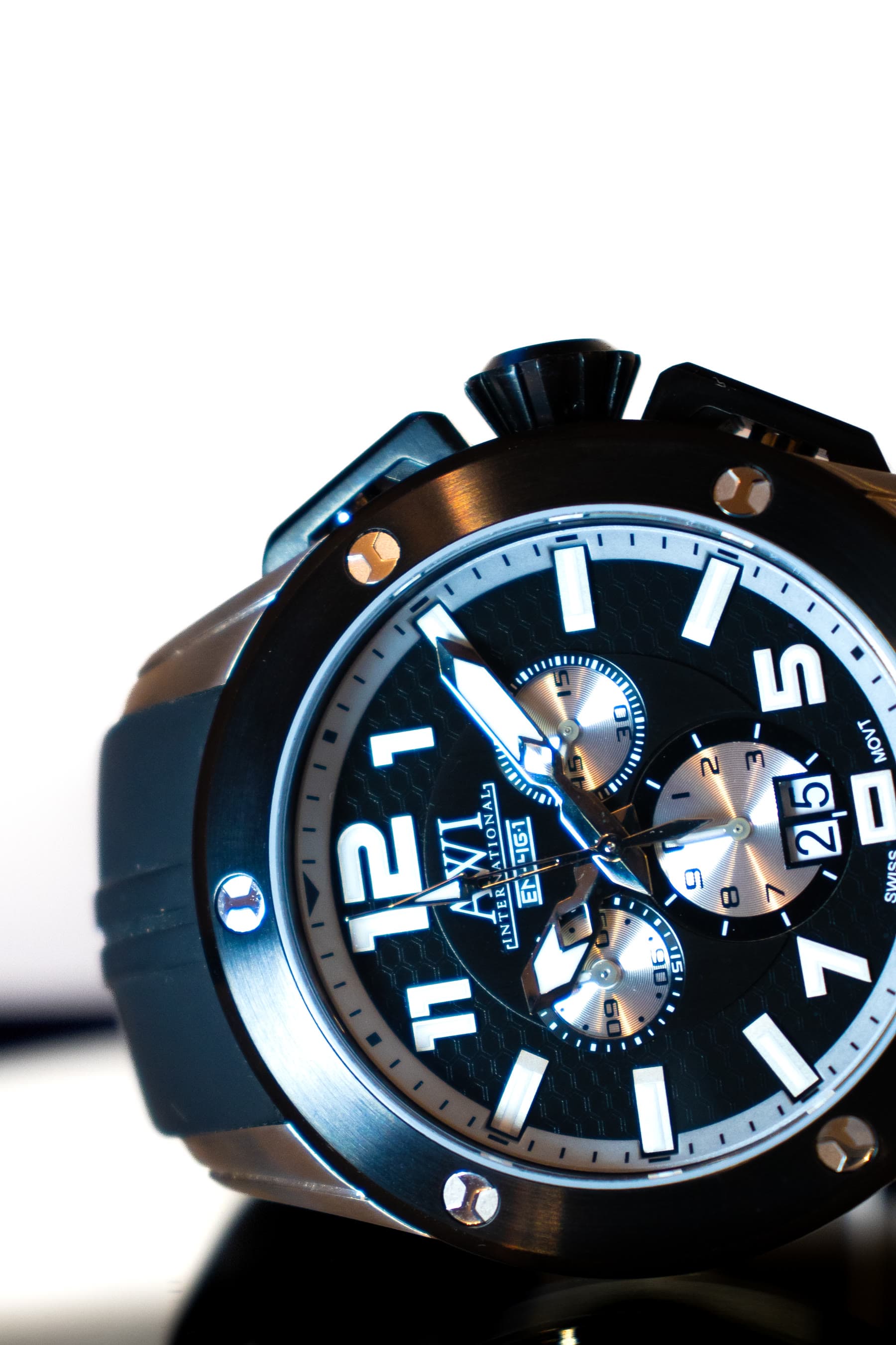 A dark AWI diver's watch, a macro of the dial