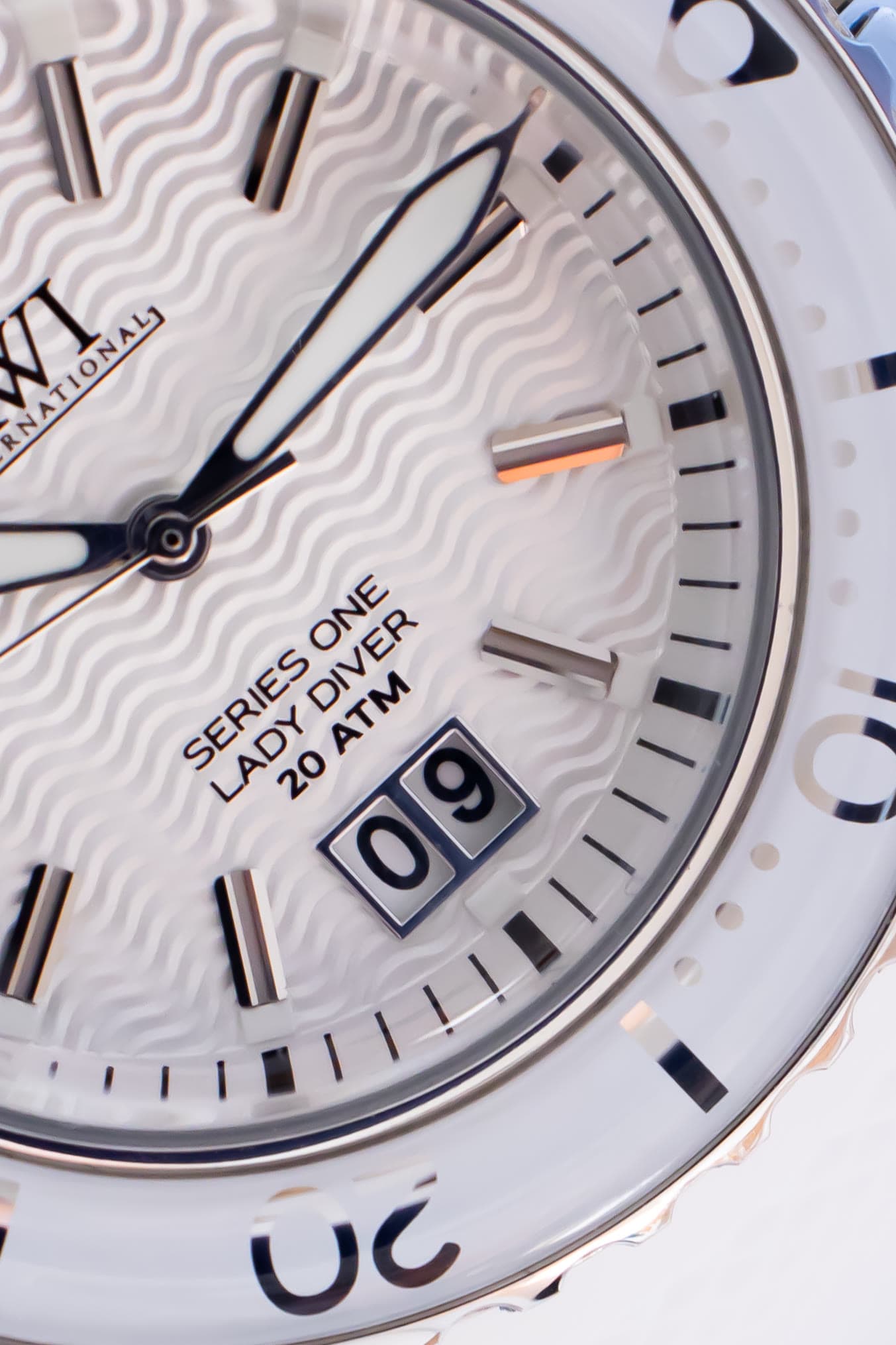 The AWI Series One Lady Diver, a macro of the dial
