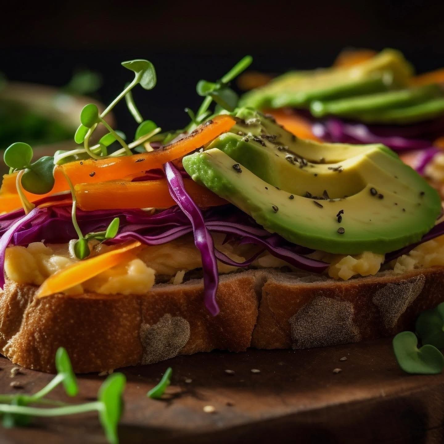 Toast with avocado, carrot and red cabbage julienne with microgreens