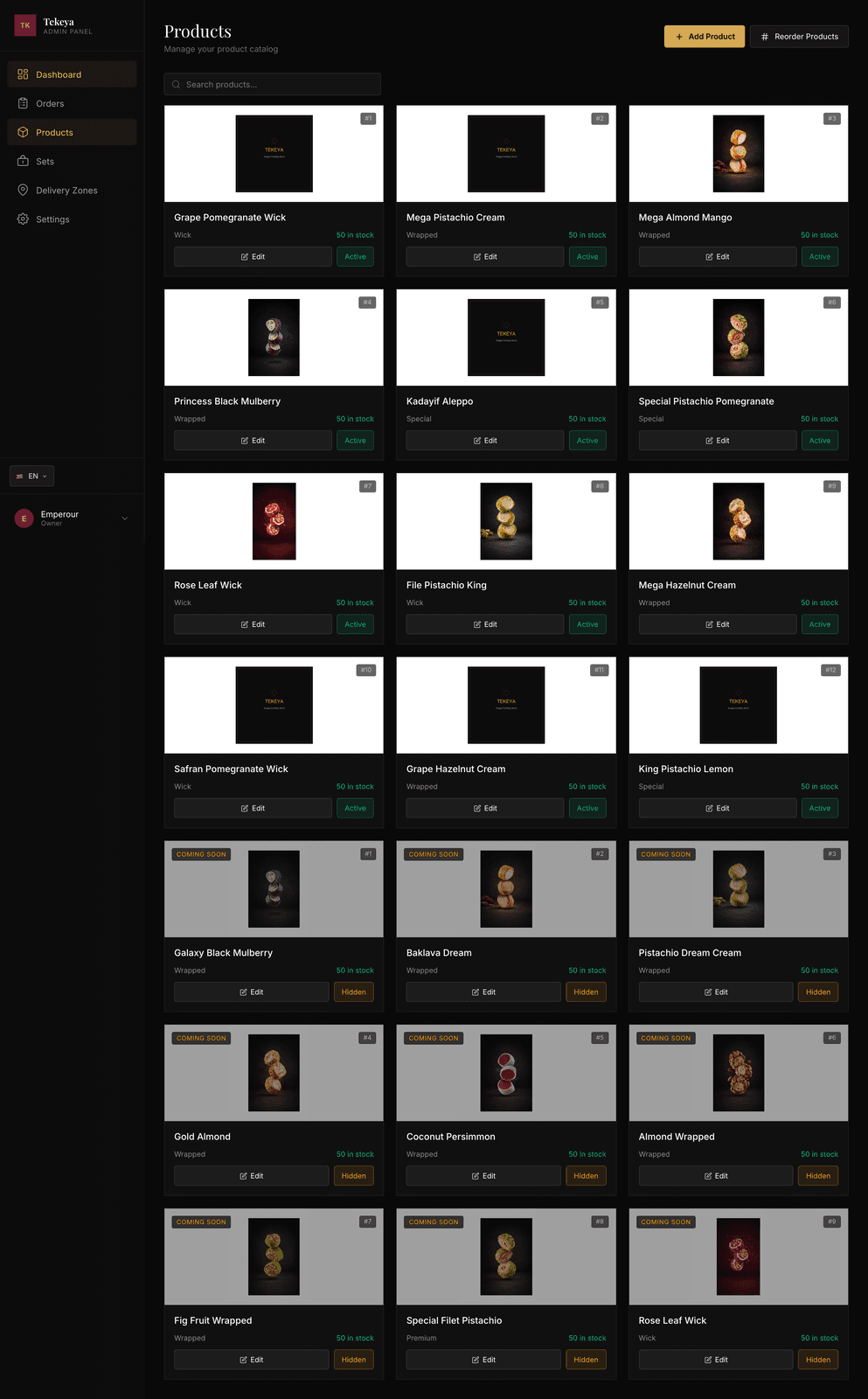 Product management in the Tekeya admin panel: the Turkish delight catalogue with in-stock, active and hidden statuses