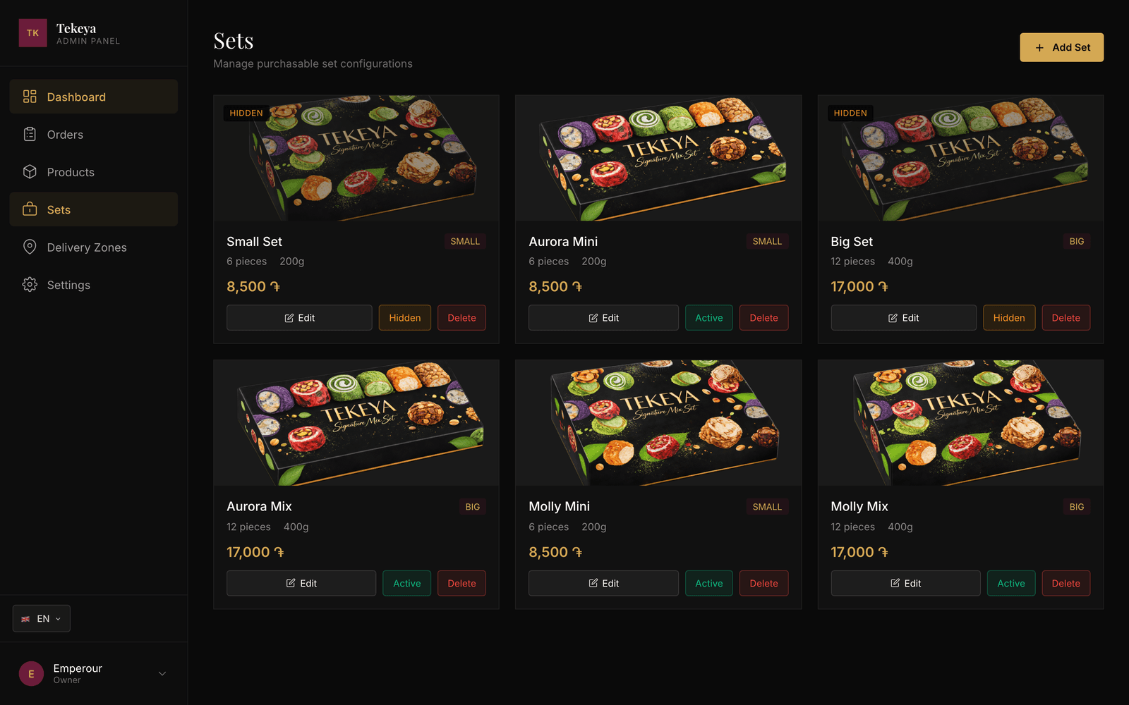 Gift set management in the Tekeya admin panel: set contents and prices in drams