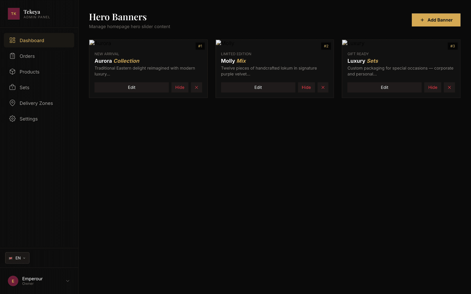 Home page hero banner management in the Tekeya admin panel: the Aurora, Molly and Luxury collection cards