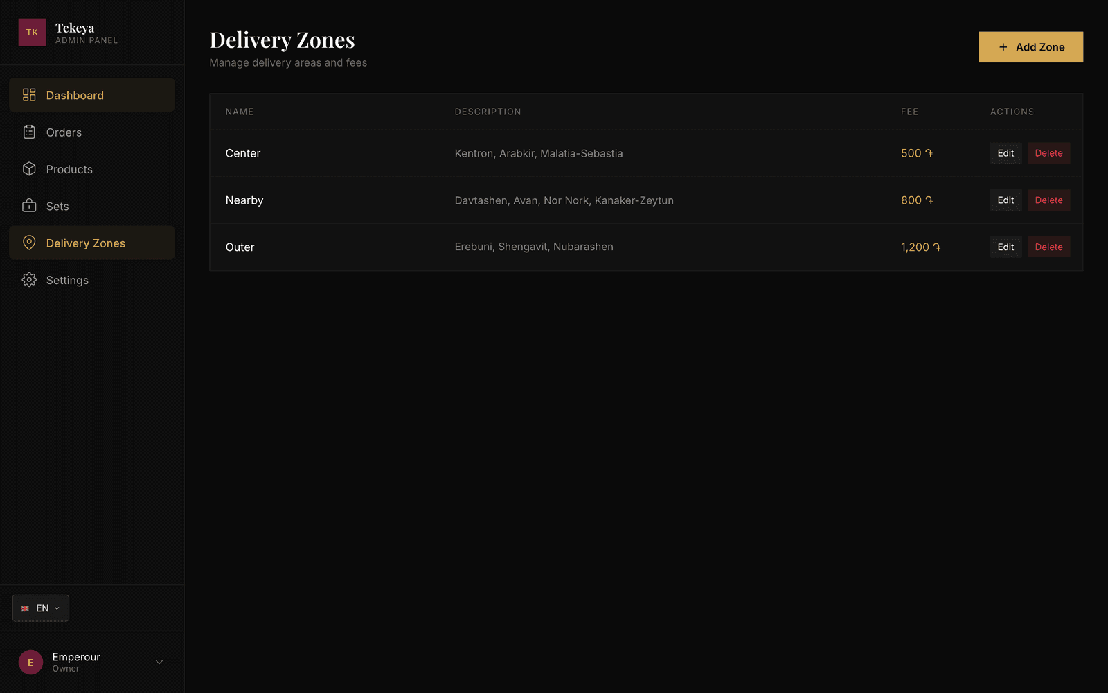 Delivery zones in the Tekeya admin panel: districts of Yerevan with Center, Nearby and Outer rates