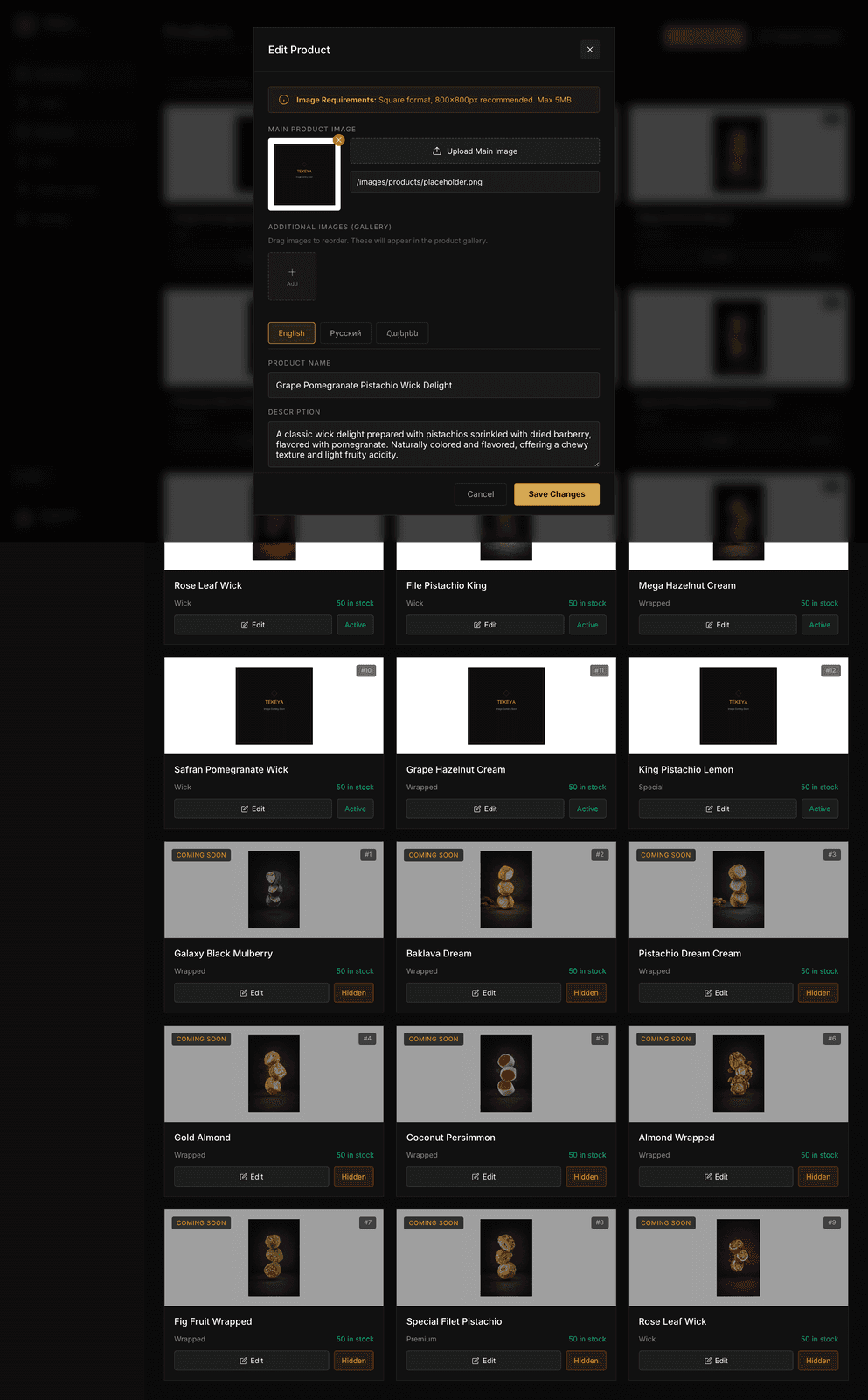 The product editing modal in the Tekeya admin panel with English, Русский and Հայերեն language tabs