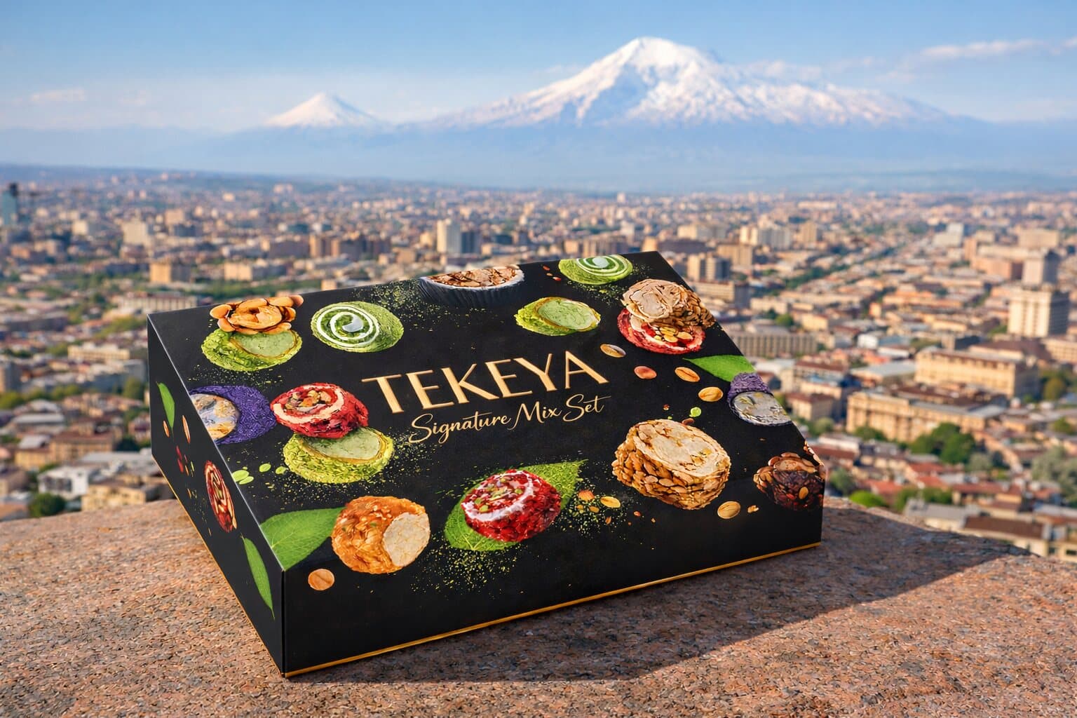 A closed Tekeya Signature Mix Set box on a viewpoint above Yerevan with Ararat in the background