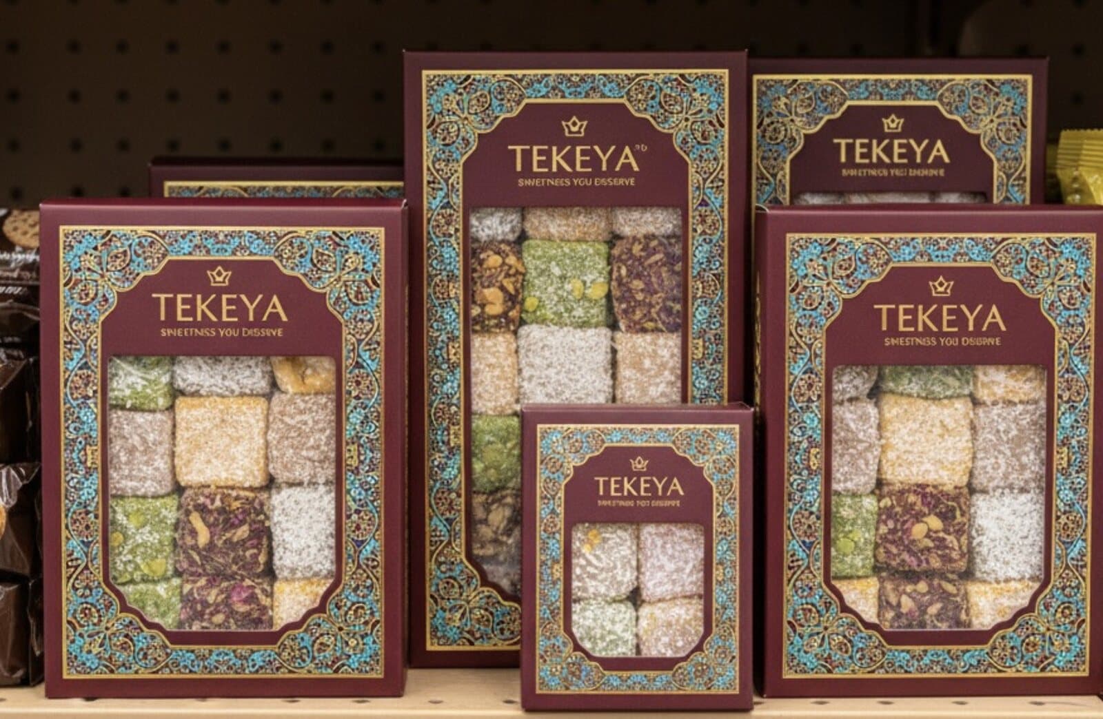 Tekeya gift sets in burgundy and turquoise packaging with oriental patterns in the shop window