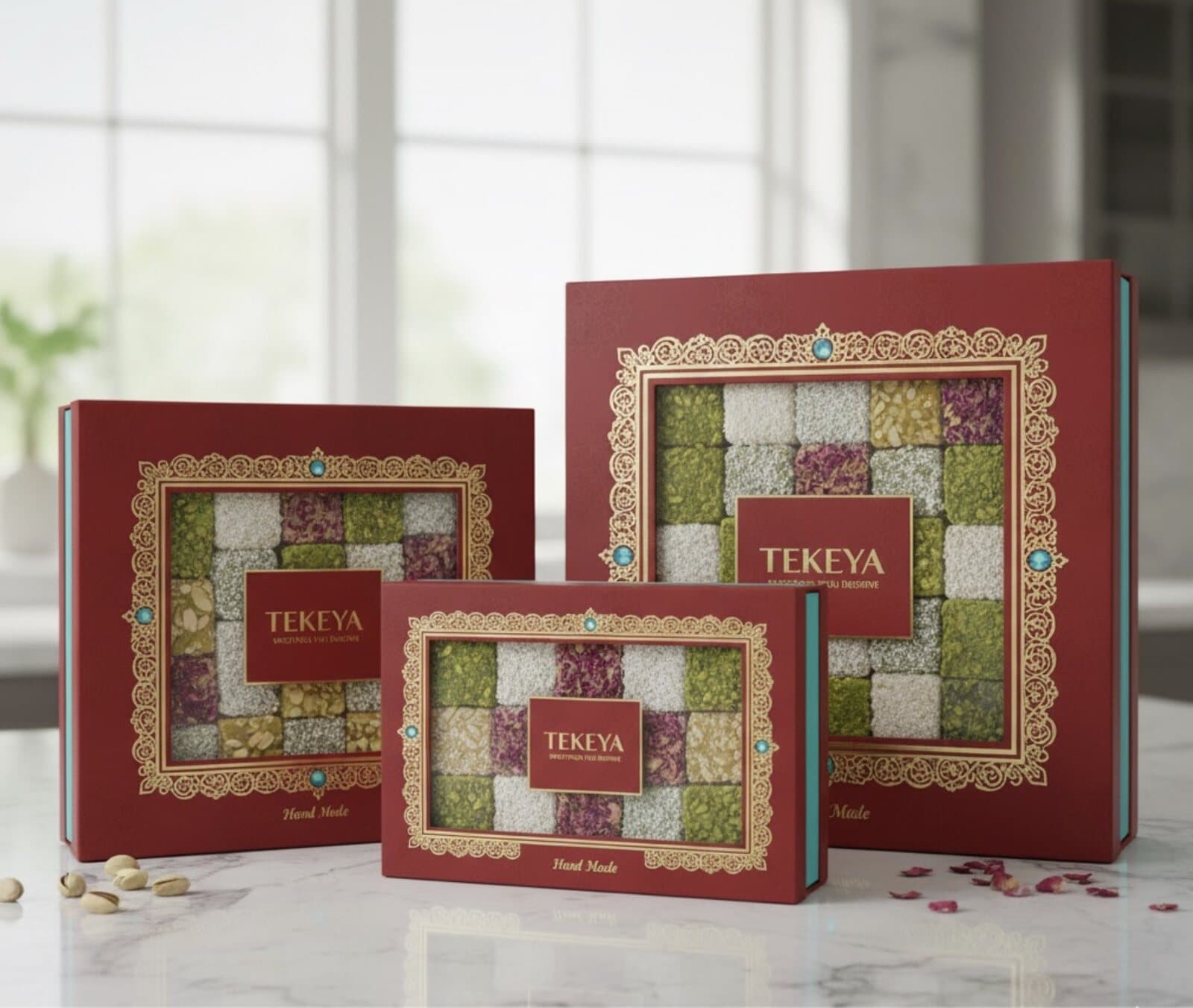 Three Tekeya gift boxes with gold patterning on a light marble counter by a window